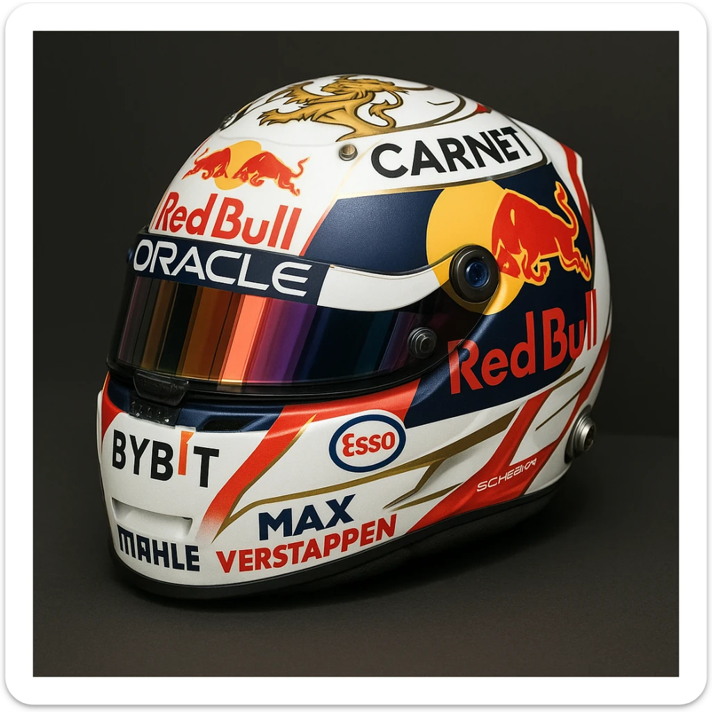 Max Verstappen's racing helmet, all sponsors visible, true F1 colors, detailed and accurate, professional motorsport look, realistic and highly detailed. sticker