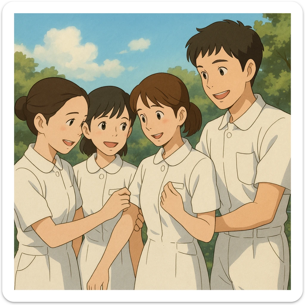 Group of four nursing students, three girls of the same height and one taller boy, white short-sleeve uniforms without stethoscopes, helping each other, faces inspired by photos, Ghibli style, friendly atmosphere sticker