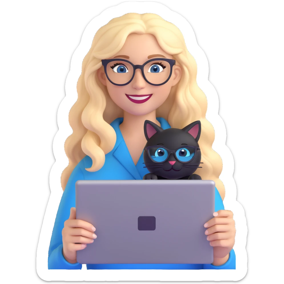 a blonde woman with long hair and blue eyes in black cat-eye glasses, smiling while holding a graphic tablet sticker