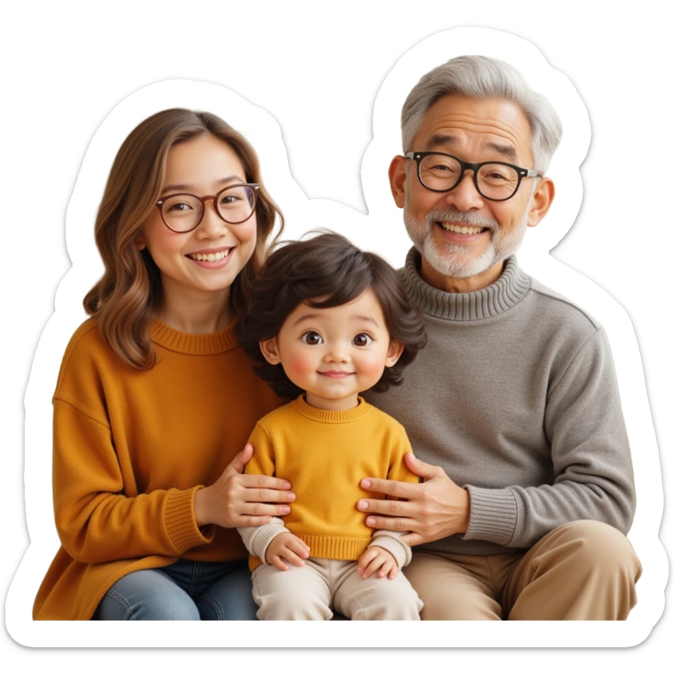 closeup front angle shot of a multigenerational family with grandparents parents and child, realistic facial features, warm lighting, skeuomorphism style sticker