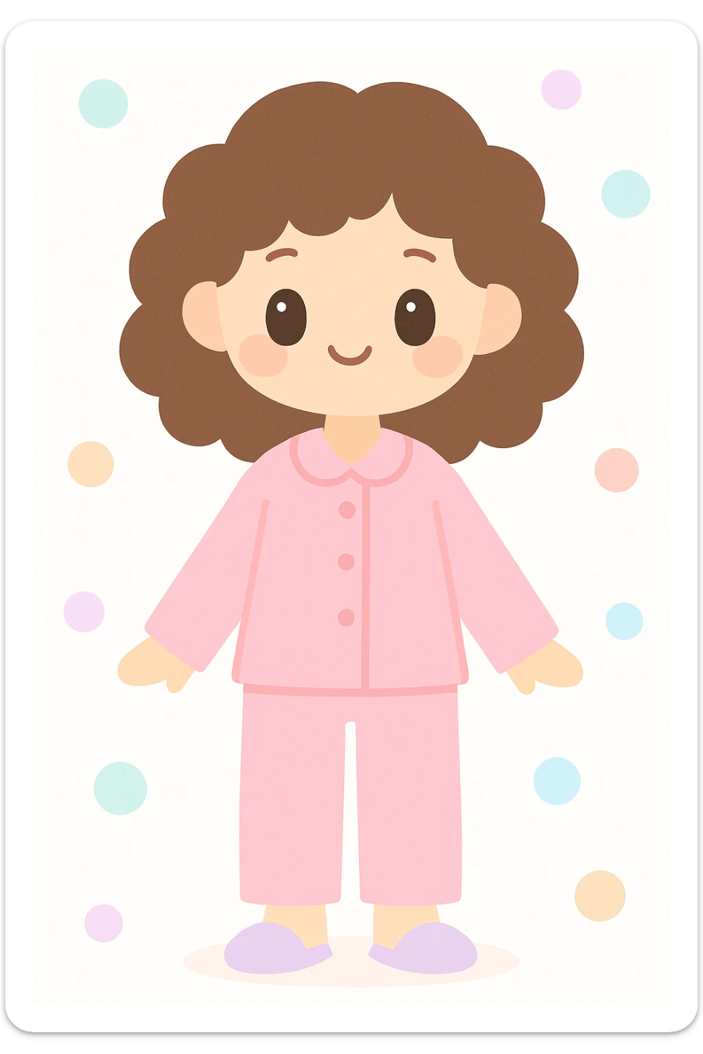 cute style young woman with curly brown hair wearing pink pajamas, minimalist background sticker