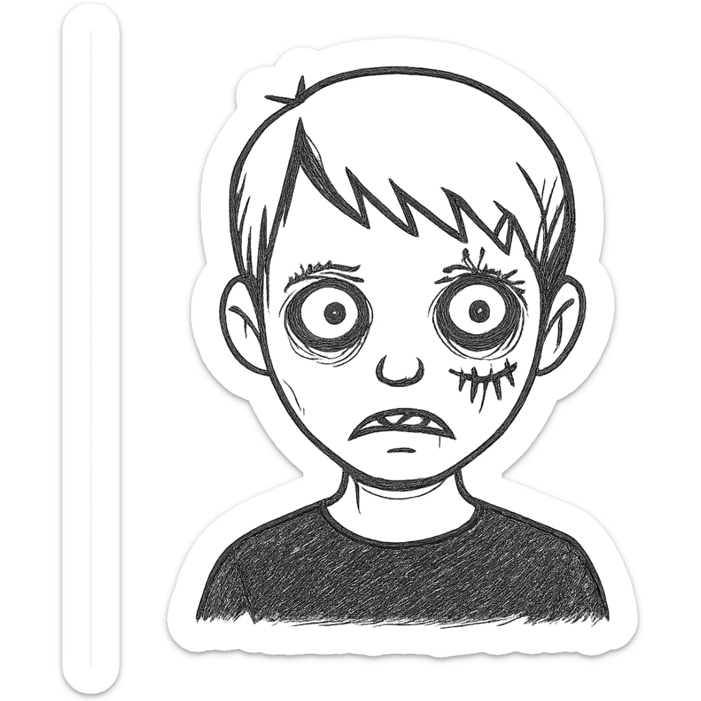 Add more zombie details such as greenish skin, visible stitches, and a scar. Keep the long emo bangs and black shirt. No background. sticker