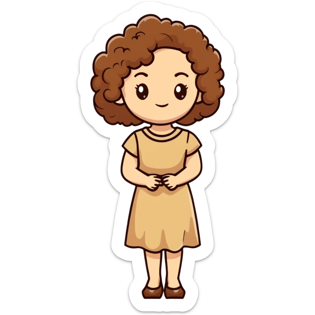 white woman with curly brown hair wearing a beige dress sticker