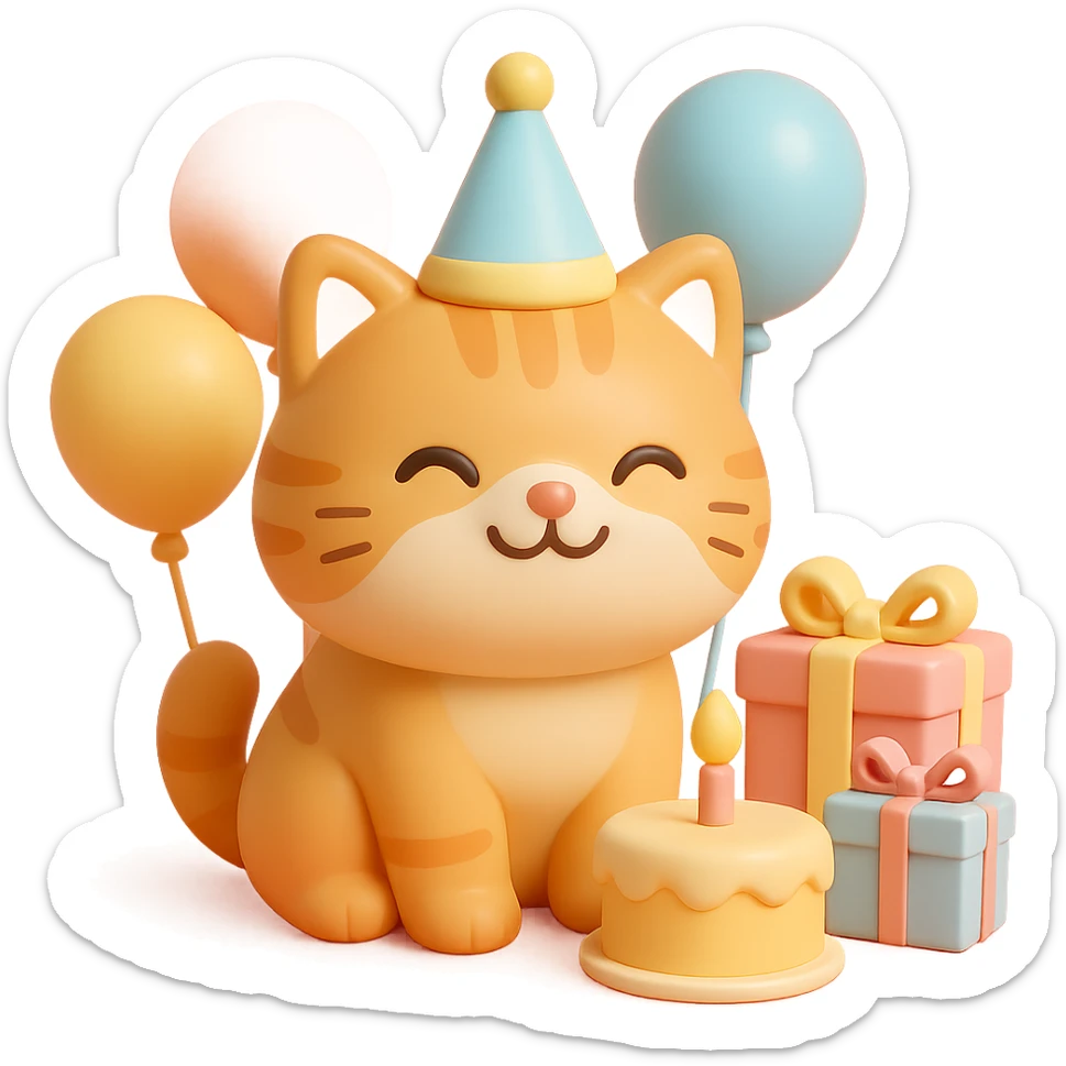 ginger tabby kitten with birthday hat, surrounded by balloons and presents, smiling, birthday cake nearby sticker