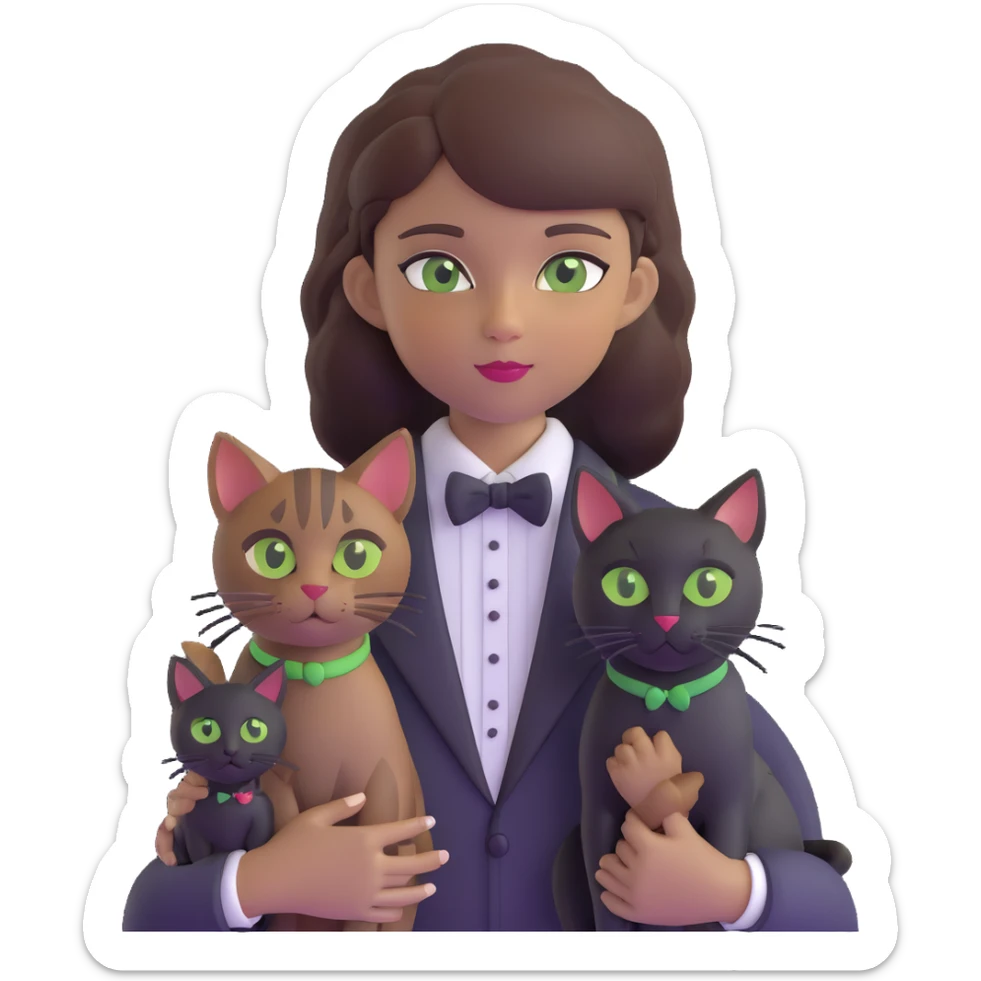 brown haired girl with light tan skin and brown eyes holding a black Bombay cat with green eyes and a black and white Tuxedo cat with hazel eyes sticker