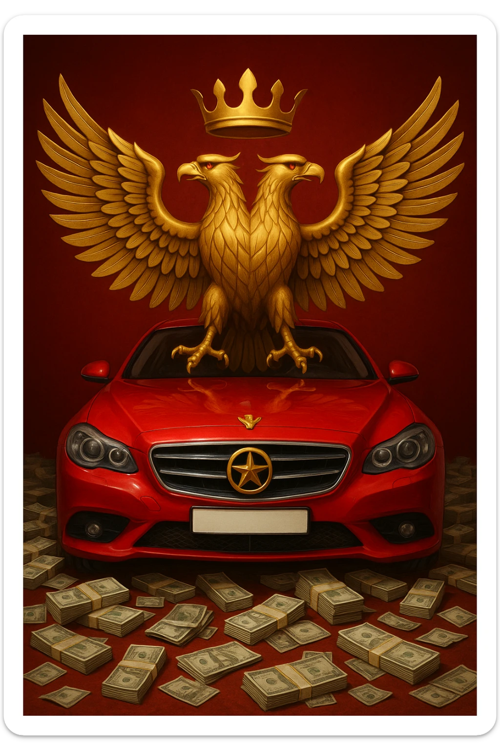 Make the emoji with Albanian mafia symbols (double-headed eagle, money, luxury car, red background) more realistic with detailed realism. sticker
