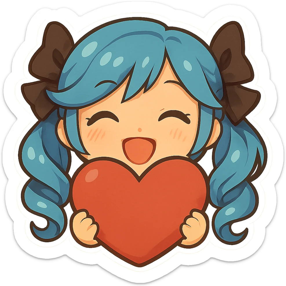 Make the heart much bigger and have Gwen's chibi hands holding the heart, keep happy expression, only head and hands visible. Variation 3. The style should be consistent with the original image. sticker