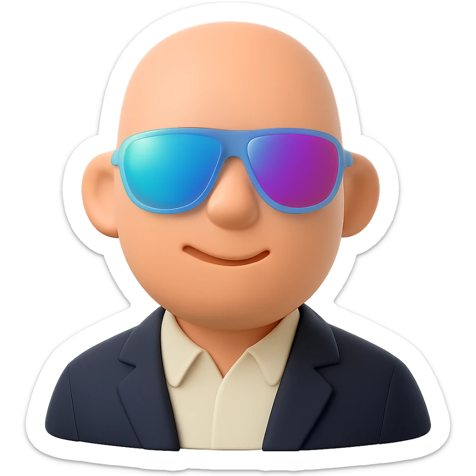 Create a 3D emoji-style portrait of the person in the foreground with a professional look: collared shirt, blazer, confident and approachable expression. Keep the reflective sunglasses for a modern touch. The style should resemble Microsoft 3D Fluent emoji style with a transparent background. sticker