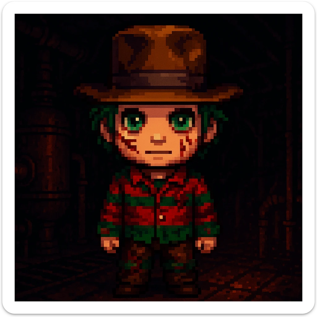 Add a spooky, nightmarish background with a boiler room and dark shadows behind Freddy Krueger, keep pixel art style sticker