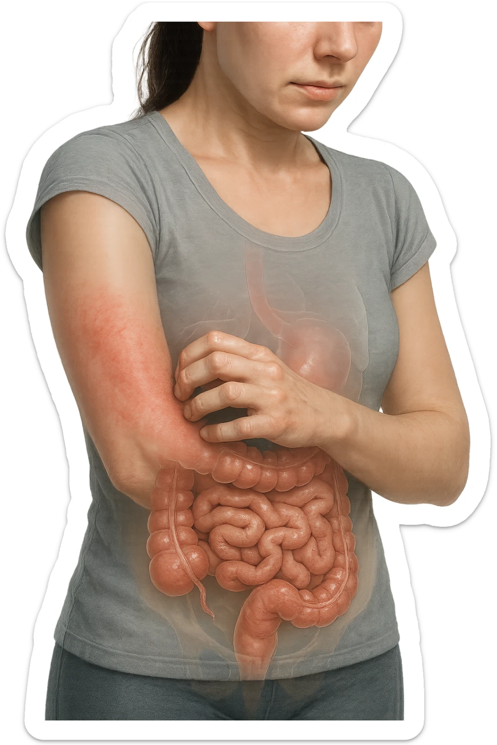 donna con intestino umano anatomico realistico che si gratta il braccio su cui ha un'eritema, iperrealistica 4k sticker