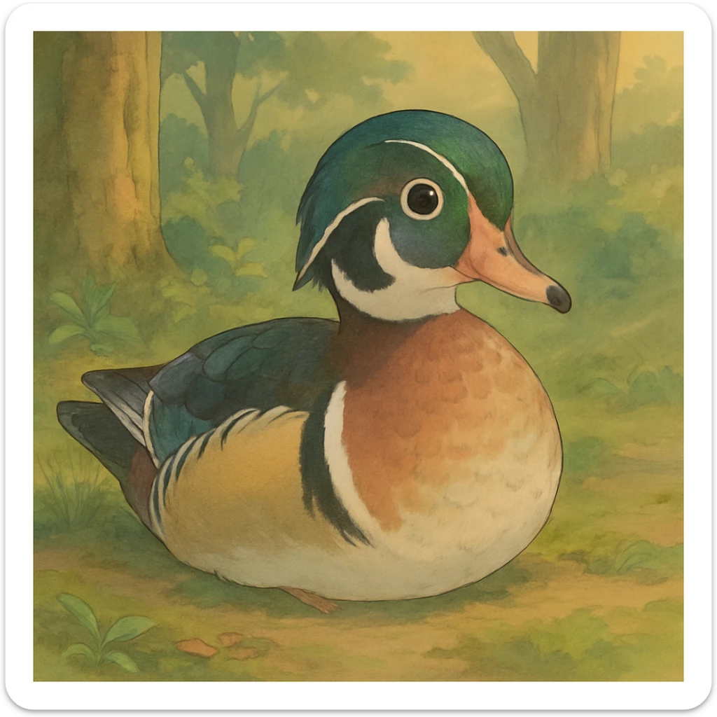 wood duck, soft colors, gentle expression sticker
