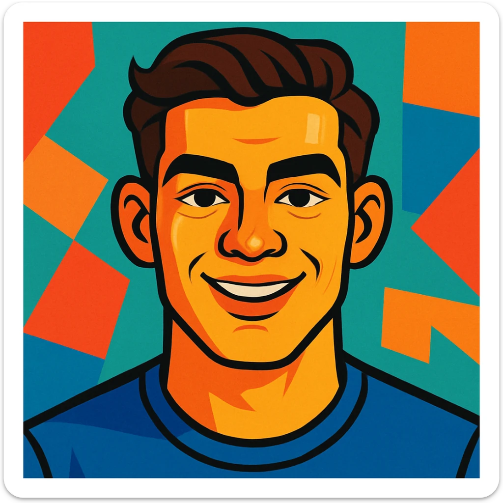 portrait of a young man, early twenties, square face, strong jaw, prominent cheekbones, broad forehead, thick arched eyebrows, hazel almond eyes, prominent eyelids, wide nose bridge, upturned tip, full lips, thinner upper lip, wheat skin, dark brown wavy hair combed right to left, normal close-set ears, sincere happy smile, vibrant toon style sticker