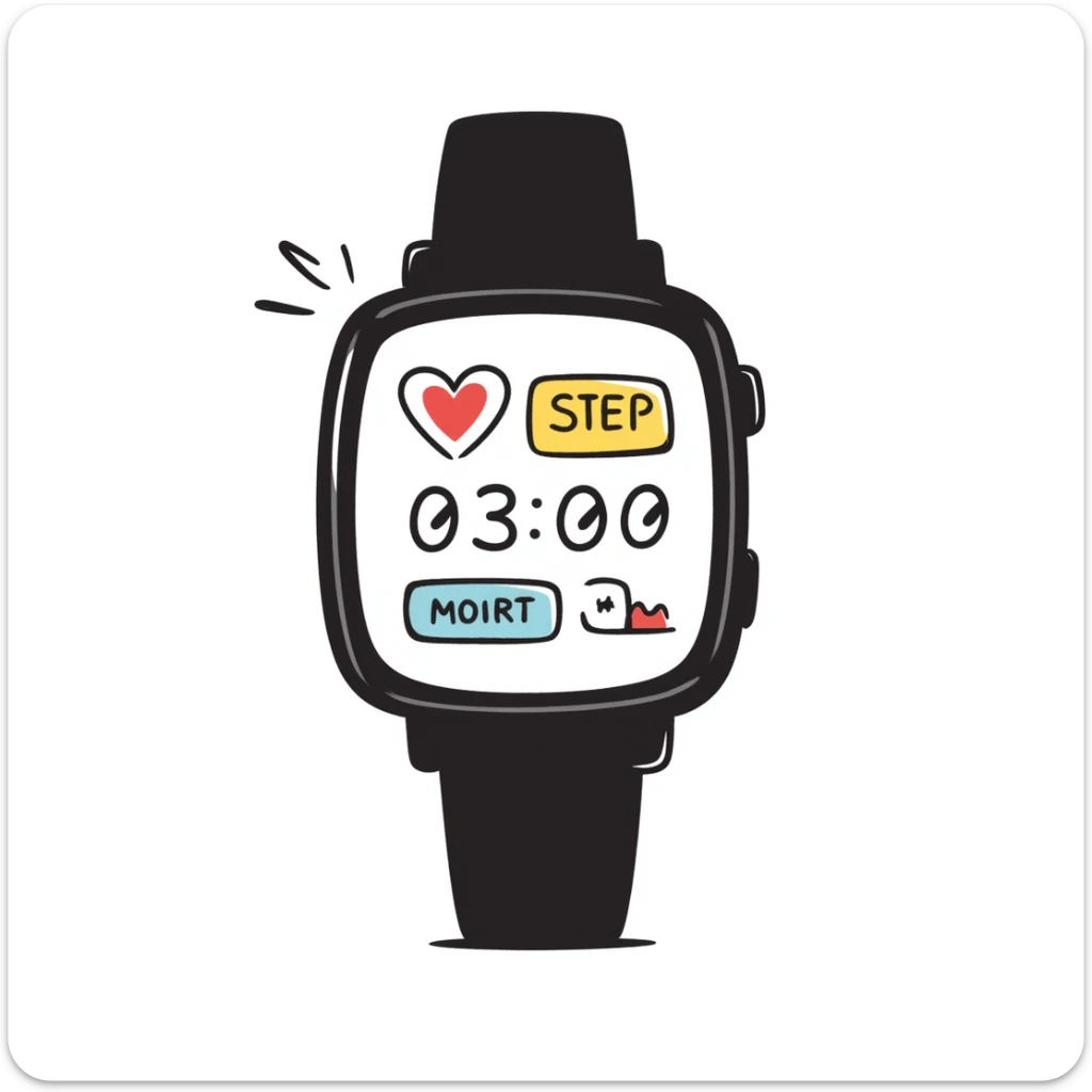 A fitness smartwatch with health tracking display in pastel colors (dd9fb0, ffc6d3, a3bfc9, c4bee2, f1b091), hand-drawn doodle style sticker