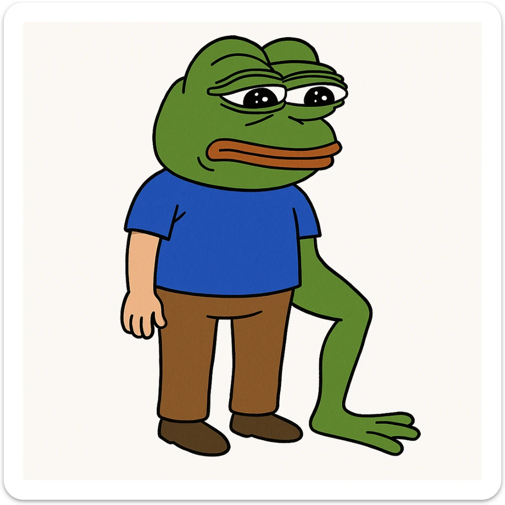 Edit the right leg to look like Pepe the Frog's leg in green color, cartoon style, capturing the characteristic look of Pepe the Frog's leg. sticker