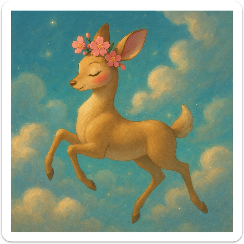 Enhance this feminine adult vanilla cloud doe with rosy cheeks and cherry flowers, floating gracefully in a dreamy Ghibli-Pixar style. Make the colors even more vibrant, the lines even softer, and the cherry flowers extra detailed. Add a magical, sparkling glow and elegant highlights, keeping the look whimsical, refined, and enchanting. sticker