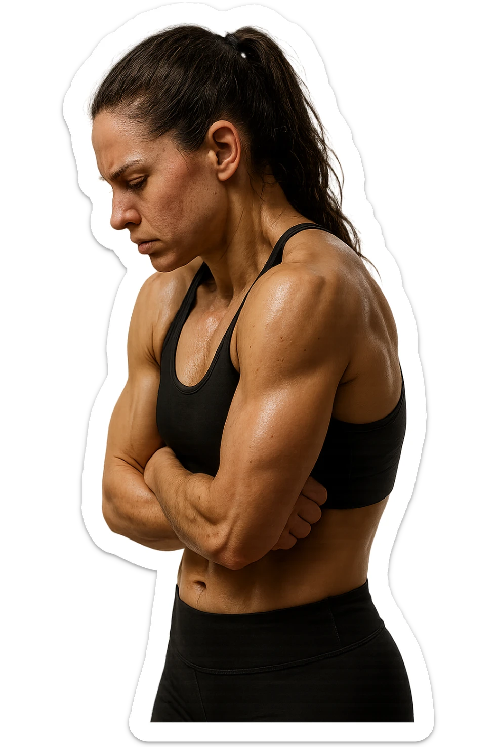 DONNA FITNESS DI PROFILO CON POSTURA CHIUSA E SPALLE IN AVANTI, ISOLATA SU SFONDO BIANCO,  iperrealistico 4k sticker