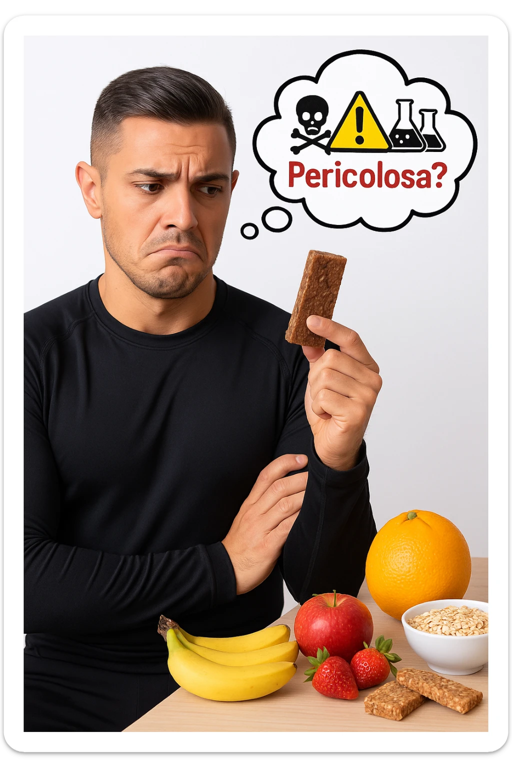 un uomo in abbigliamento sportivo tiene in mano una barretta proteica, osservandola con un’espressione scettica e preoccupata. Sopra la barretta, una nuvoletta di pensiero mostra simboli di allarme, ingredienti chimici e la scritta “Pericolosa?” in rosso. Sullo sfondo, frutta fresca e altri snack naturali sono visibili sul tavolo, sottolineando la sua preferenza per alternative più sane. sticker