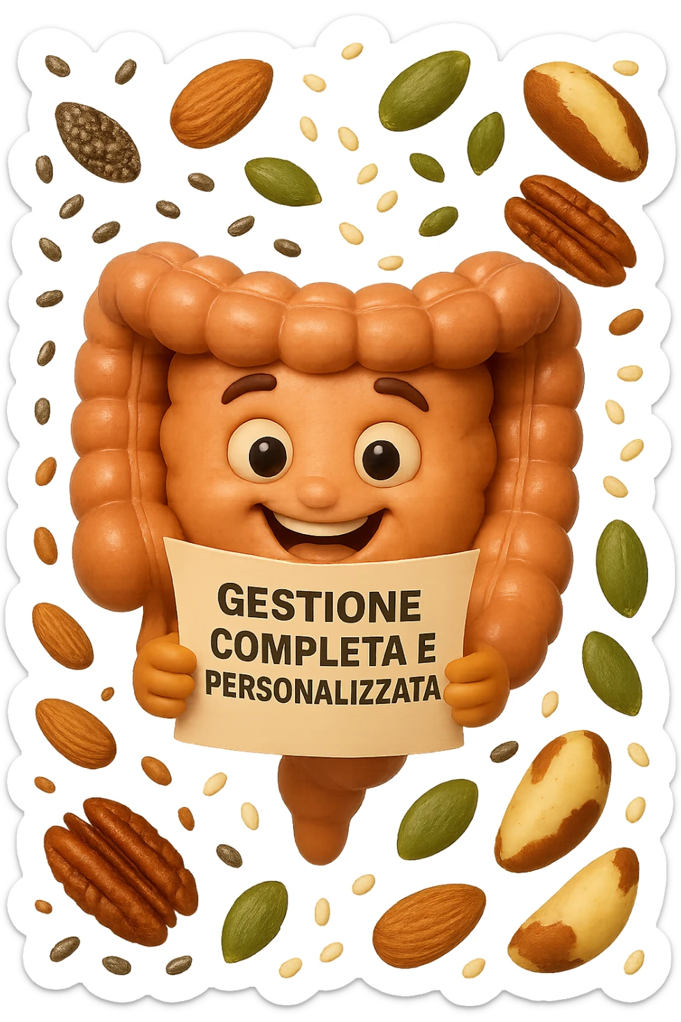 emoji stile iphone 3d di questi elementi che fluttuano in aria:

Semi di chia, lino, zucca, sesamo
Mandorle, noci pecan, noci brasiliane (porzioni limitate)

 che fluttuano sparse casualmente in aria, iperealistico 4k sticker