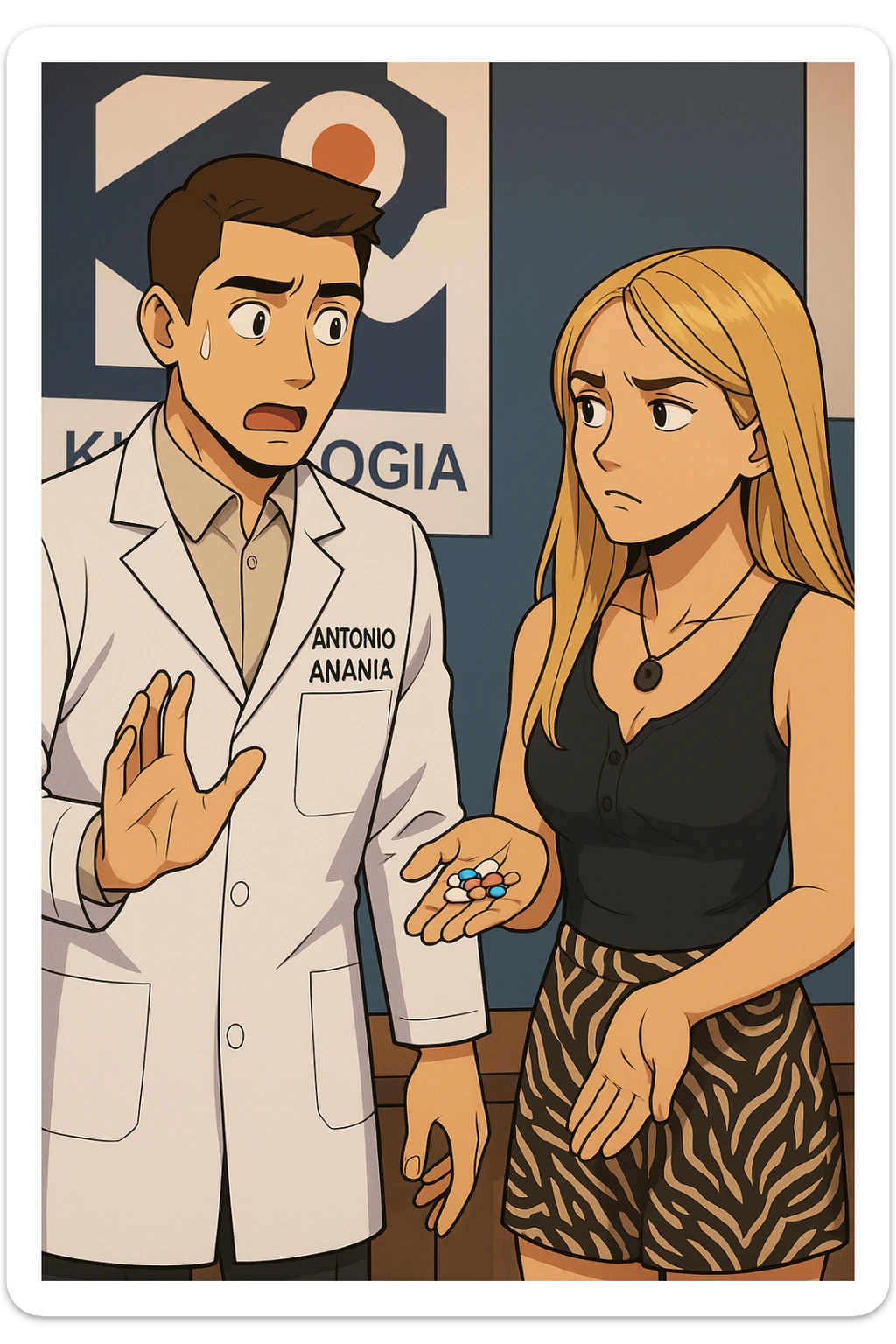 fai un webtoon/manga a colori con questo kinesiologo in camice bianco (fagli la scritta "ANTONIO ANANIA" SUL CAMICE) CHE PARLA CON QUESTA RAGAZZA. LA RAGAZZA HA UN PUGNO DI INTEGRATORI IN MANO (TANTE PILLOLE DIVERSE) E LE GUARDA DUBBIOSA. IL KINESIOLOGO CON IL CAMICE BIANCO LE DOMANDA UNA COSA SCIOCCATO. NON FARE I FUMETTI, FAI SOLO LORO COME SE DIALOGASSERO sticker