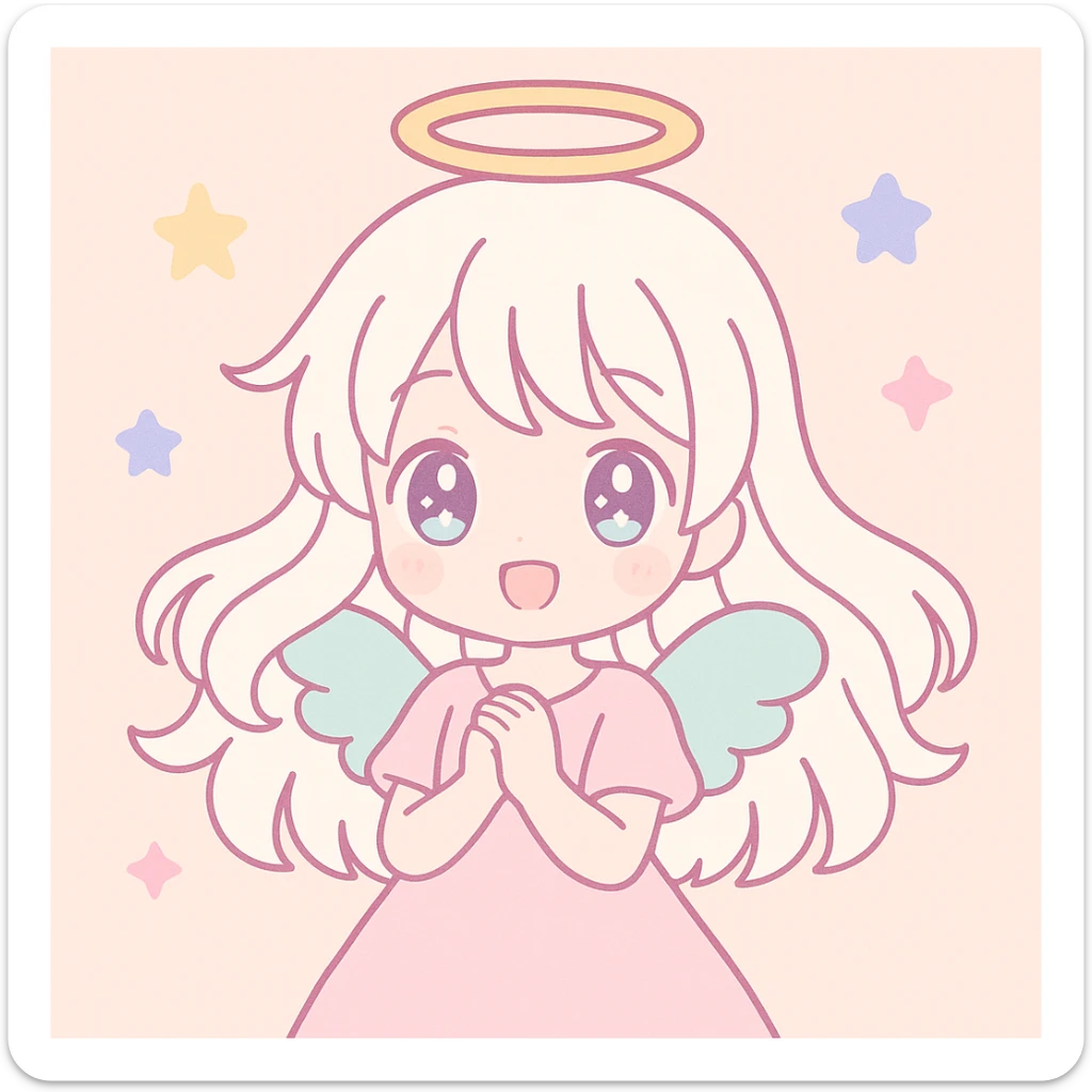 white angel girl, anime style, flowing hair, delicate wings, sparkling eyes sticker