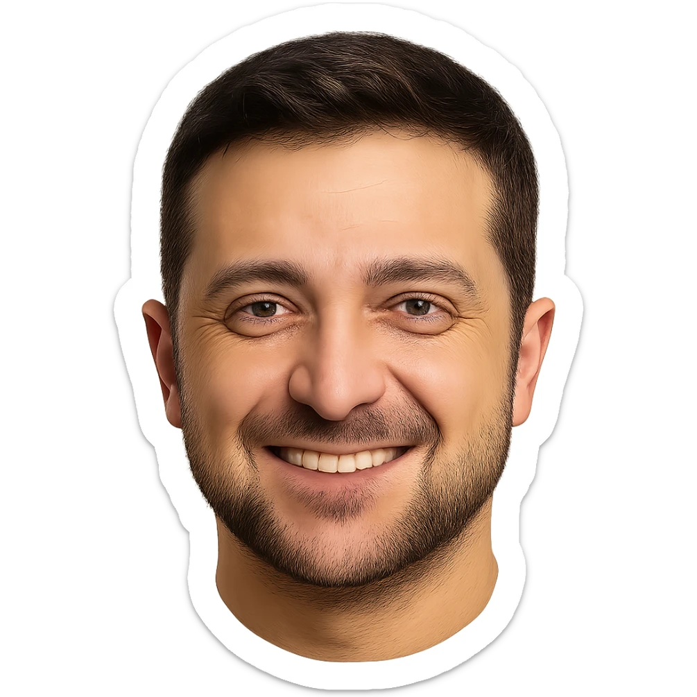 photorealistic emoji style portrait of Vladimir Zelensky smiling, no background sticker