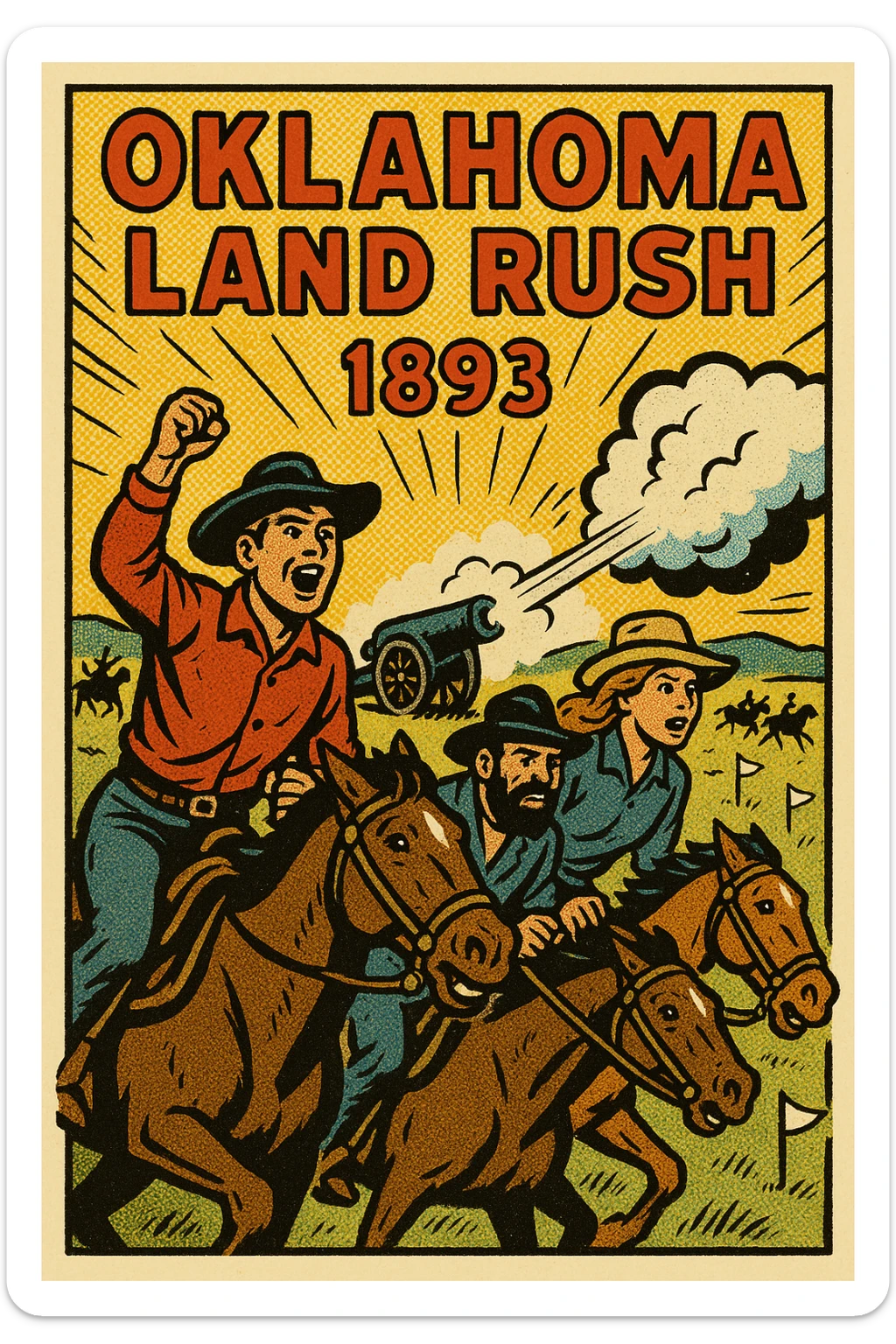 A poster advertising the 1893 Oklahoma Land Rush with an image of excited American settlers on horse back waiting at a start line on the grasslands of the American West.  There is an US Army canon booming in the background and white flags stuck in the ground marking out plots of land sticker