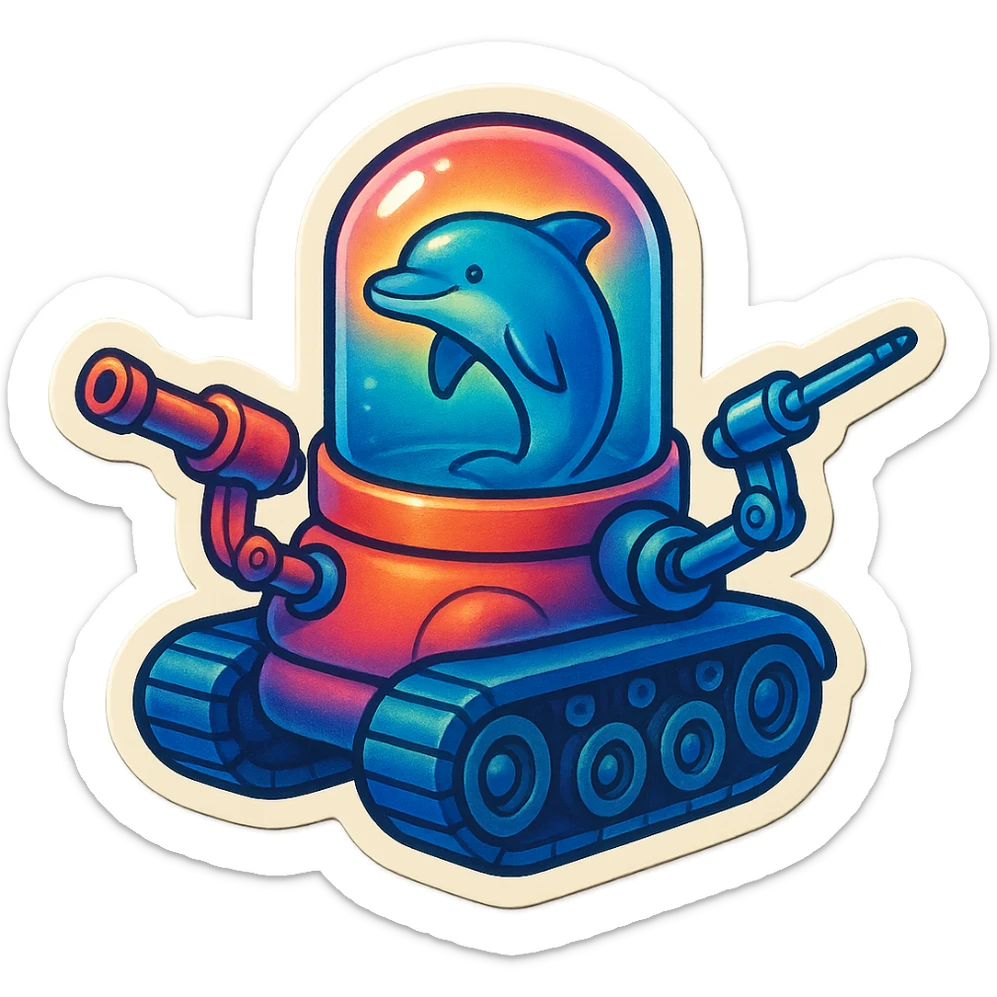 dolphin in a water tank mounted on tank treads, robotic arms extend from the tank with ranged weapons, retro sticker style, no border sticker