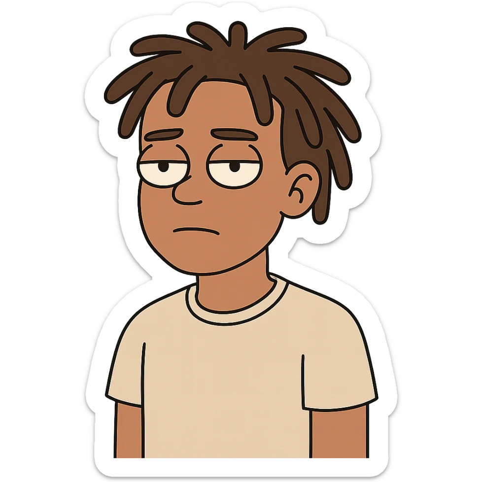 boy with light skin and dreads, neutral expression, upper body, cartoon style sticker