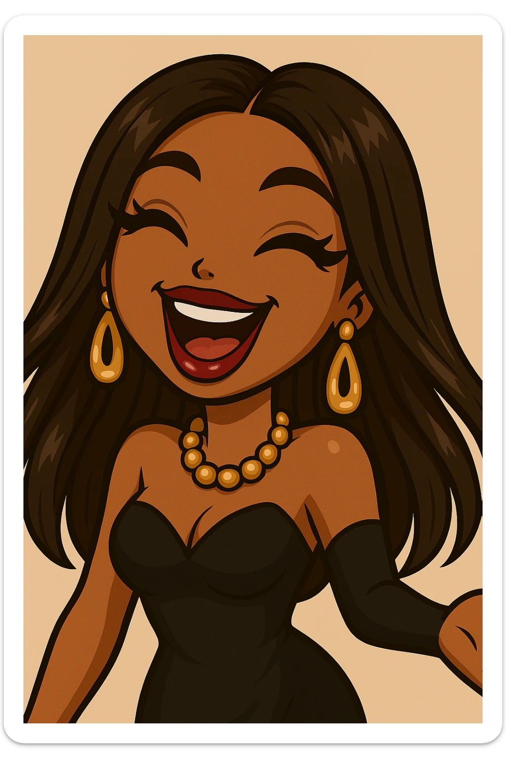 Headshot of a 20-year-old anime Bratz style woman with dark skin, straight hair, laughing uncontrollably, big expressive eyes, glossy lips, glamorous evening wear, no hat, no tears. sticker