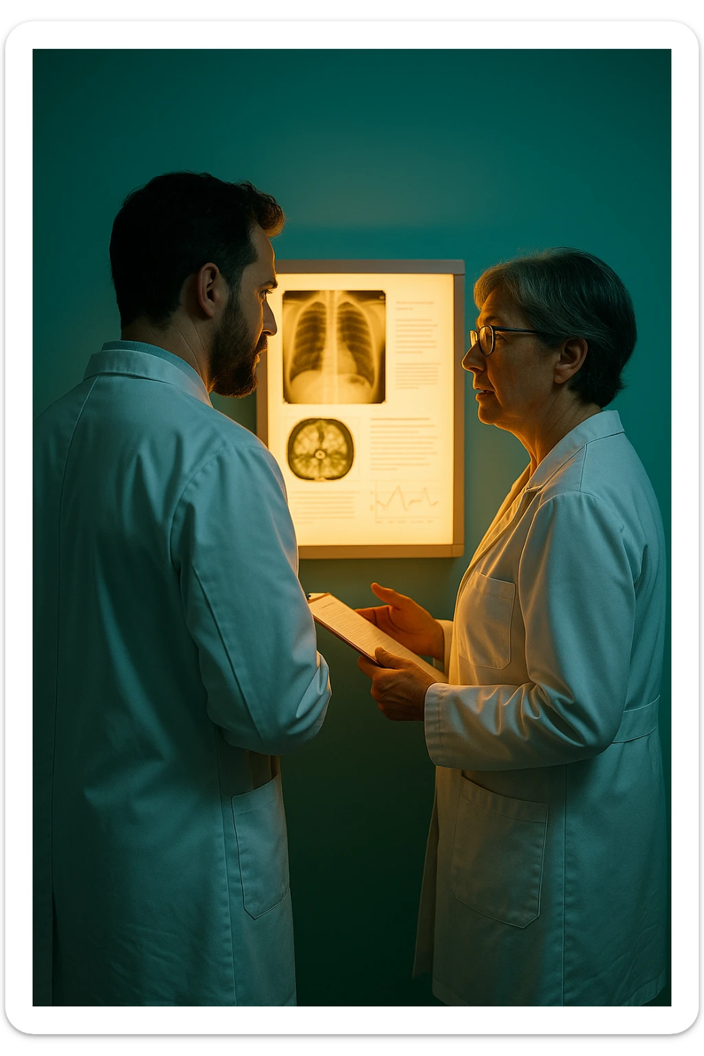 Realistic, detailed photo taken from behind of two doctors—a bearded man and a middle-aged woman—standing and facing each other as they discuss a diagnosis in front of a medical chart. The scene is illuminated by a yellowish, orange, warm light that softly envelops the doctors. The entire room is bathed in a single green-blue color, creating a cohesive and modern atmosphere. Both doctors wear white coats, and their body language suggests a serious, professional conversation. Shot with a Canon EOS R5, with high detail and natural depth of field. sticker