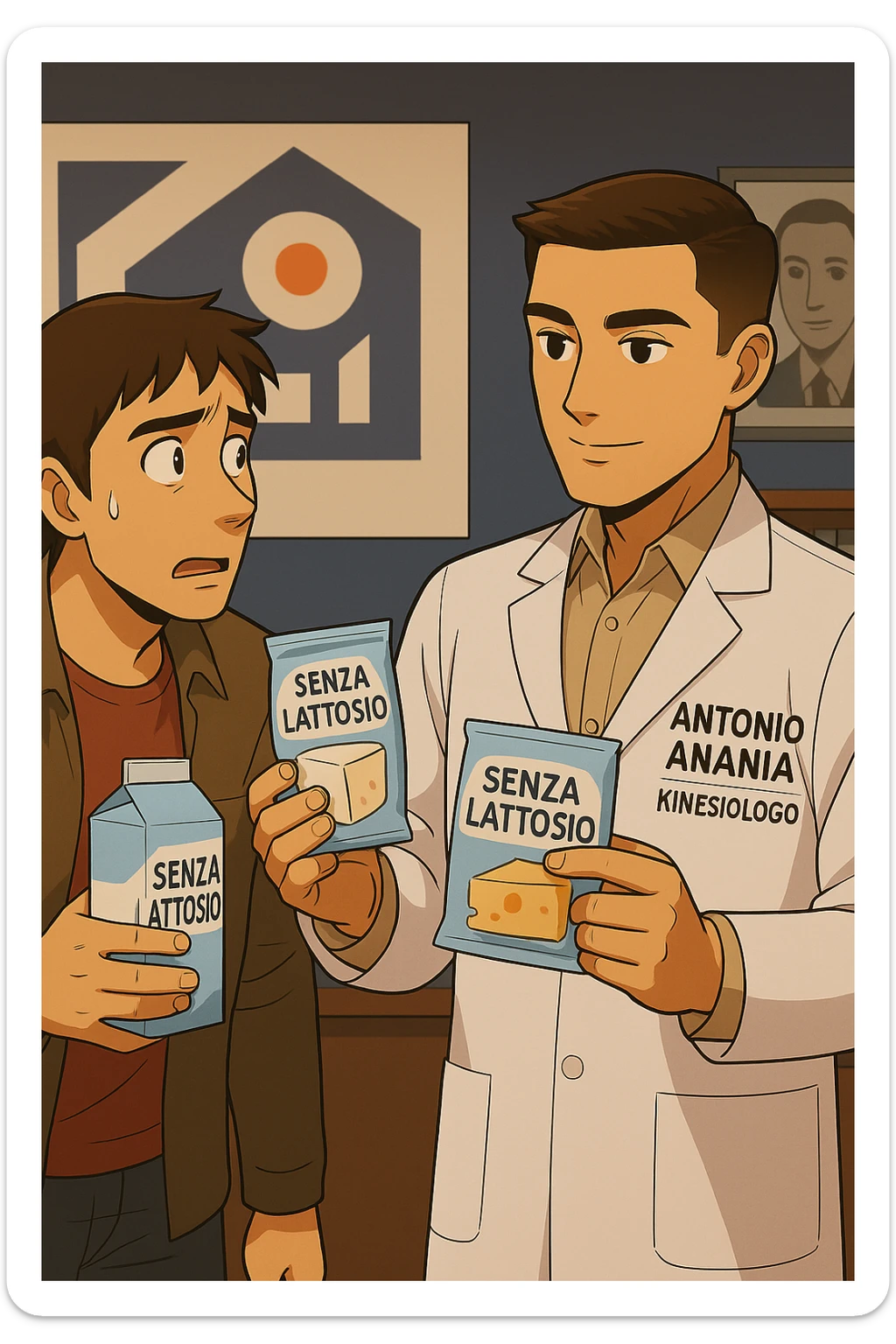 fai un webtoon manga a colori con questo stile, in cui un uomo ASCOLTA Il kinesiologo con il camice bianco (fagli anche la scritta "ANTONIO ANANIA" SUL CAMICE, IL KINESIOLOGO SPIEGA ALL'UOMO UNA MOSTRANDO VARI PRODOTTI DA SUPERMERCATO CONFEZIONATI (TIPO SCATOLA DI LATTE, MOZZARELLE CONFEZIONATE, FORMAGGIO CONFEZIONATO), OGNI CONFEZIONE HA LA SCRITTA "SENZA LATTOSIO SULL'ETICHETTA. L'UOMO OSSERVA IL KINESIOLOGO CON ESPRESSIONE CONFUSA IN VOLTO. non fare i fumetti però, fai solo in modo che sembri stiano parlando sticker