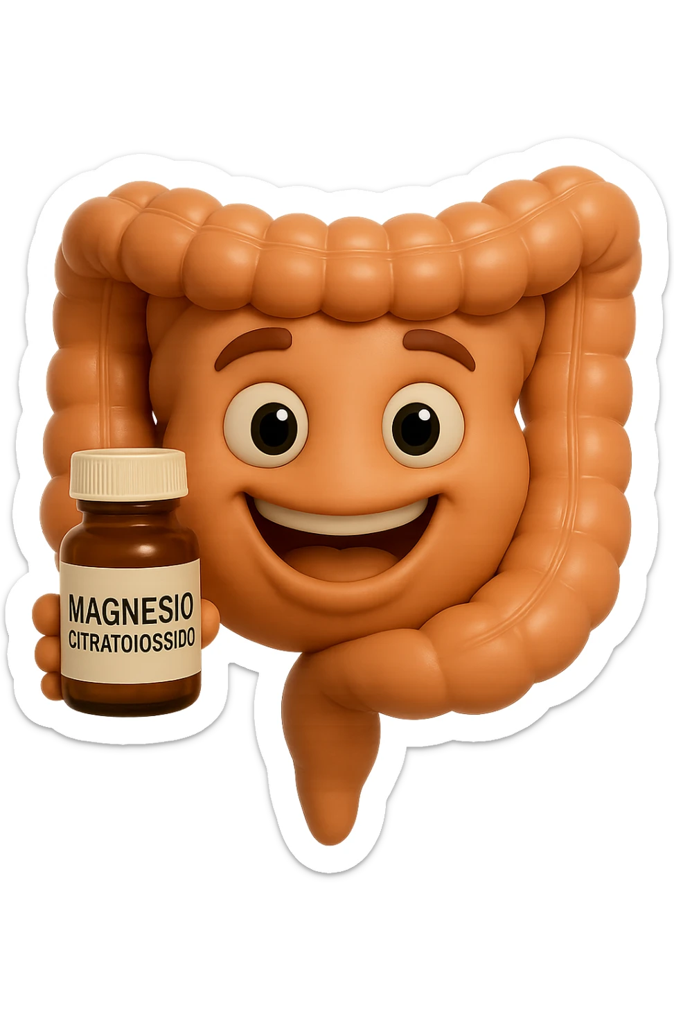emoji stile iphone 3d di intestino umano felice che tiene in mano una boccetta di magnesio con la scritta "MAGNESIO CITRATO/OSSIDO" SULL'ETICHETTA , iperrealistico 4k sticker