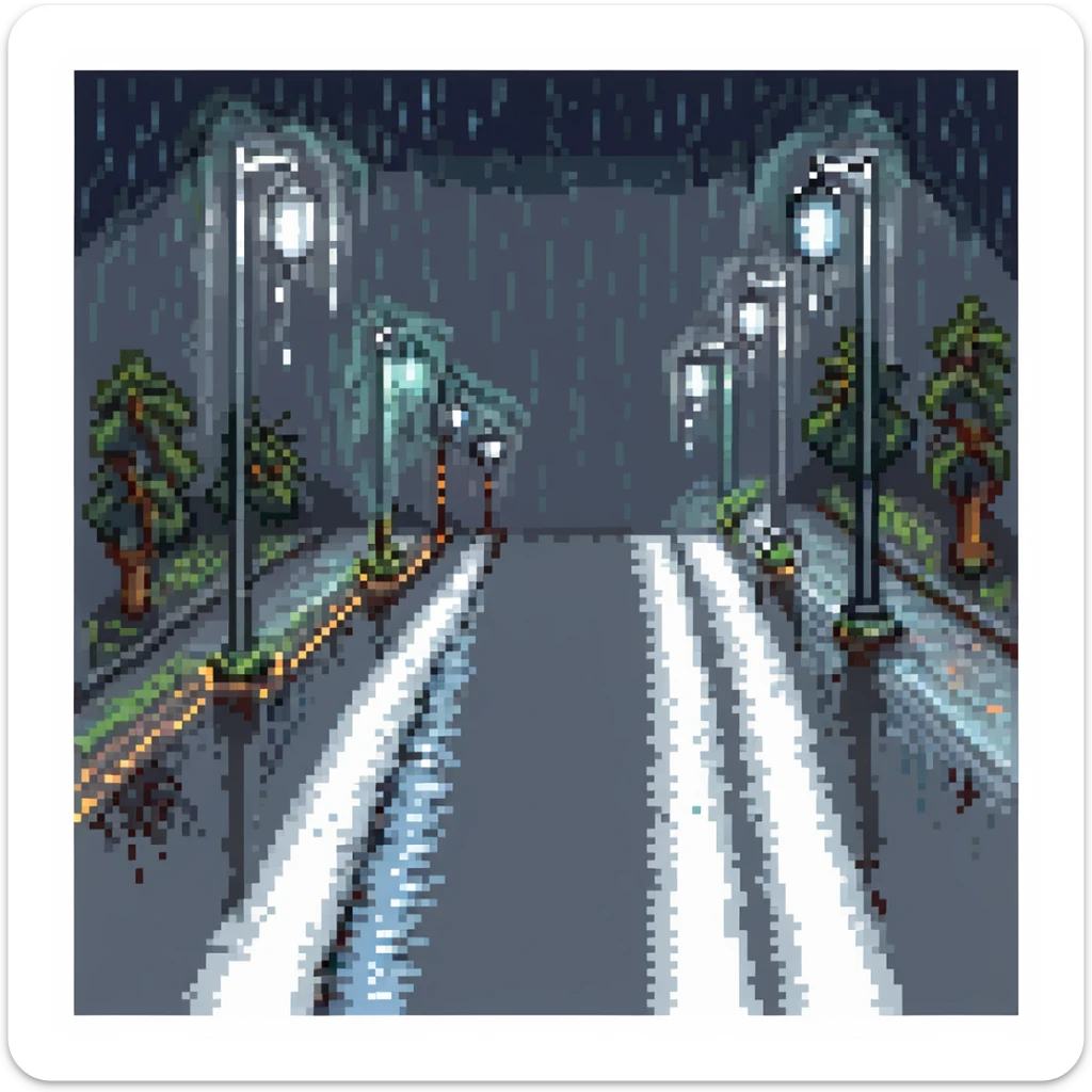 a rainy road at night with puddles, falling rain, and streetlights in pixel art style sticker