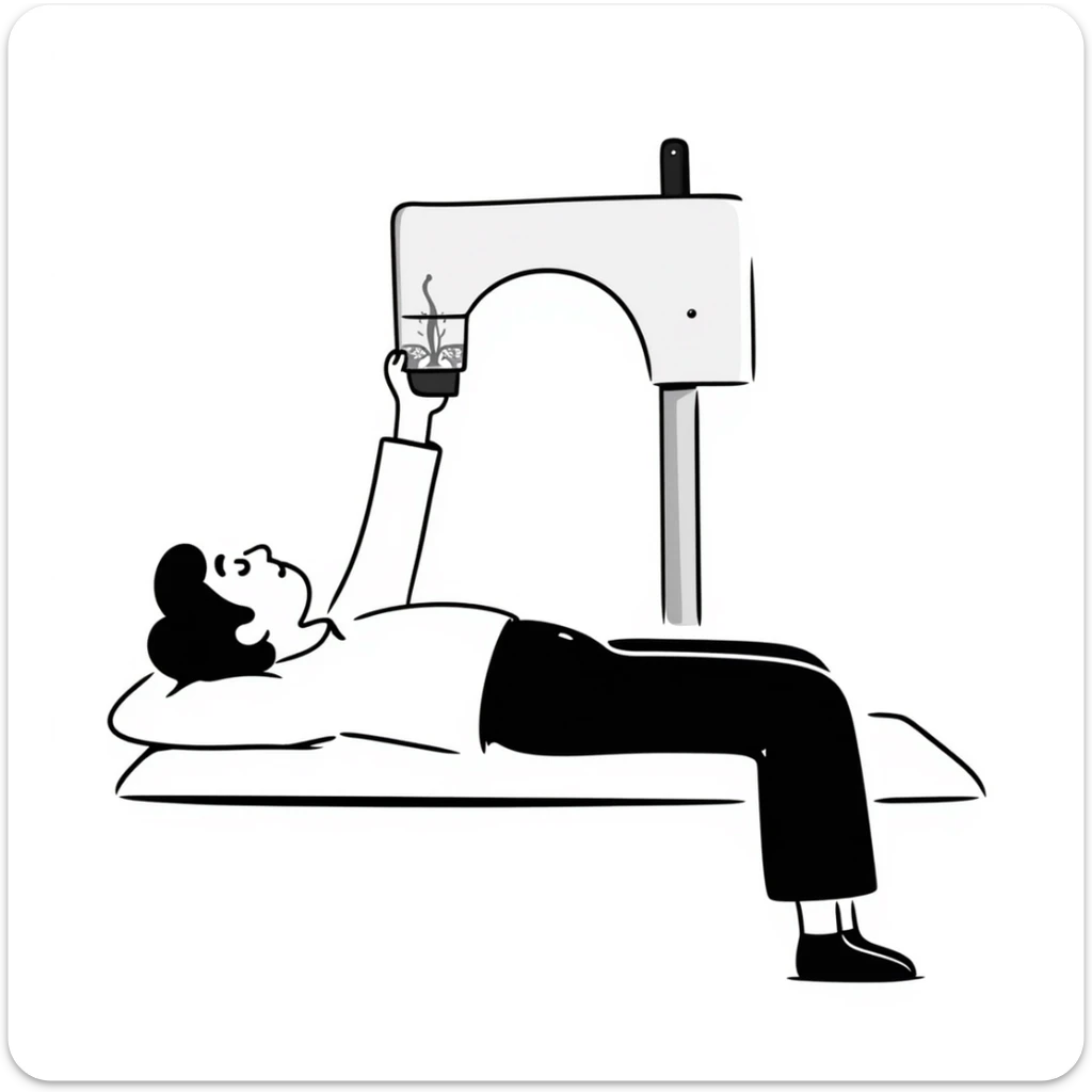 Detailed illustration of DEXA scan procedure with male patient lying on table, bone density measurement machine with scanning arm positioned over patient's body sticker
