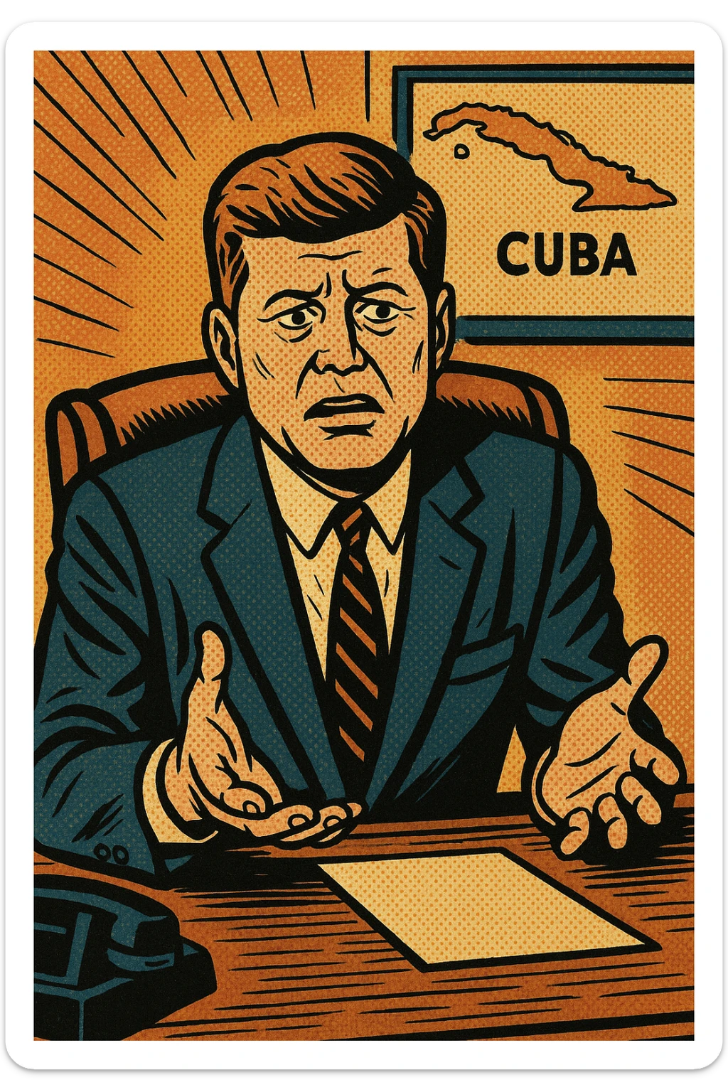 President Kennedy sitting in his office behind his desk with a worrying look on his face and his hands out trying to make a decision.  There is a map of cuba in the background sticker