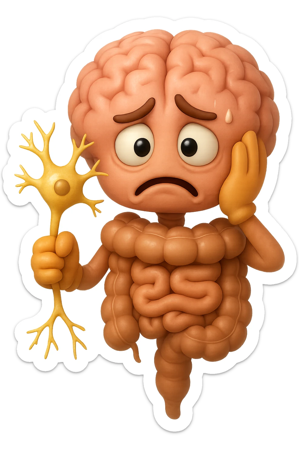 EMOJI STILE IPHONE DI UN INTESTINO collegato verticalmente ad un cervello mentre tiene in mano un neurone, espressione stressata, IPERREALISTICO 4K sticker