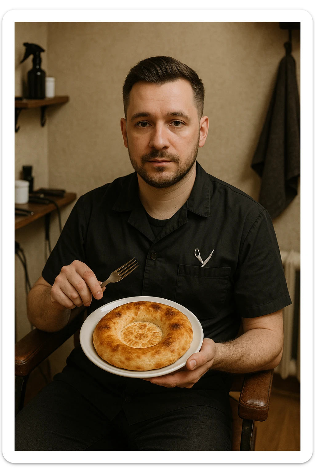 sartarosh xonada shunchaki tarelka v vilka ushlab utirsin tarelkada esa faqat uzbekcha non bulsin kayfiyati xam urtacha bulsin xursan bob ketmasin sticker