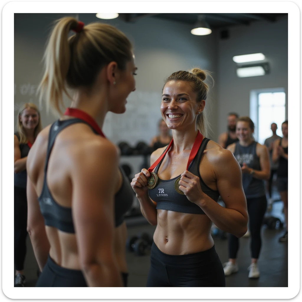 hyperrealistic 4K image of a proud woman in sportswear standing in front of a gym mirror, toned muscles, holding a medal in hand, friends applauding, motivational writing on the mirror, bright environment sticker
