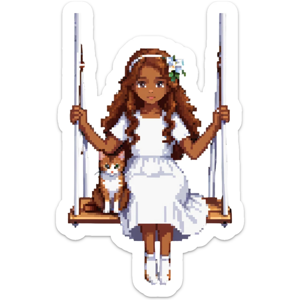 beautiful girl with curly long brown hair in a white dress holding an Abyssinian cat with reddish-brown fur, sitting on a swing sticker