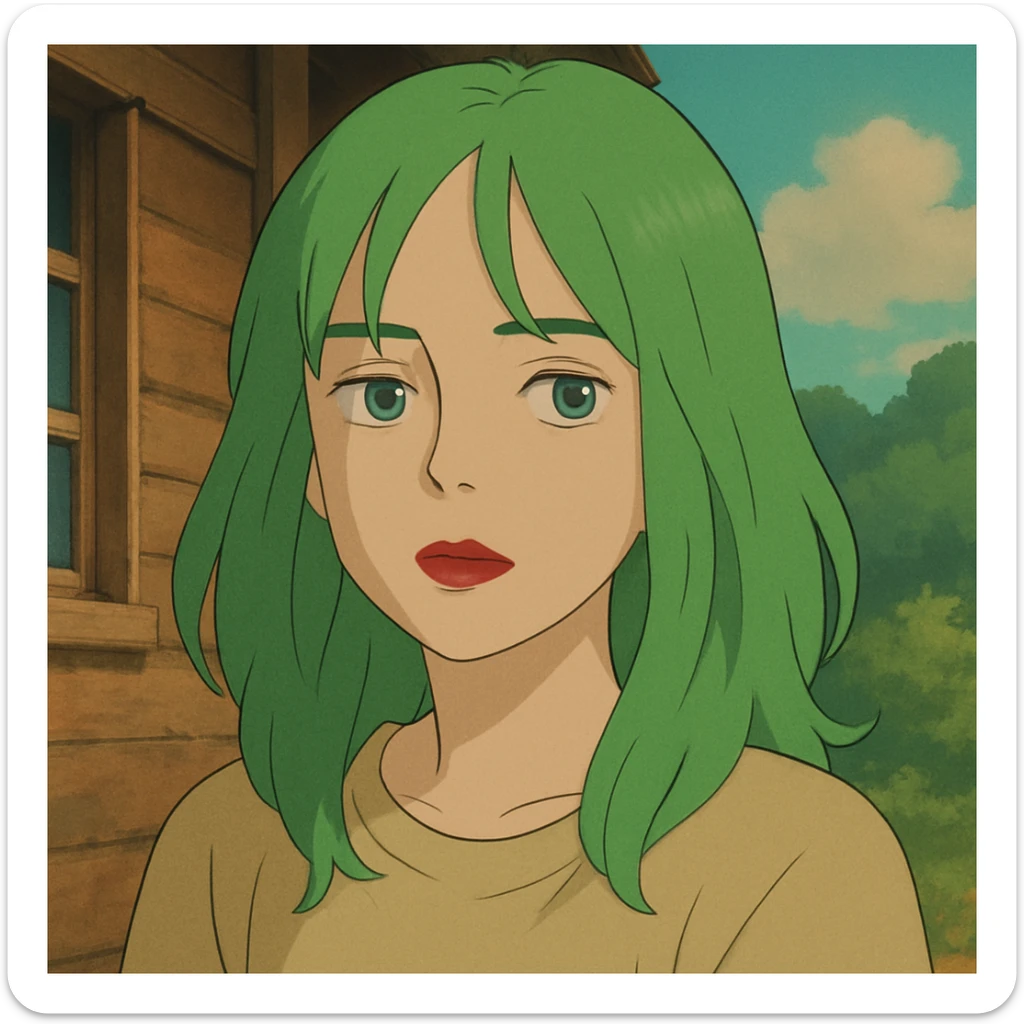 girl with green hair like Billie Eilish and red lipstick, ghibli style sticker