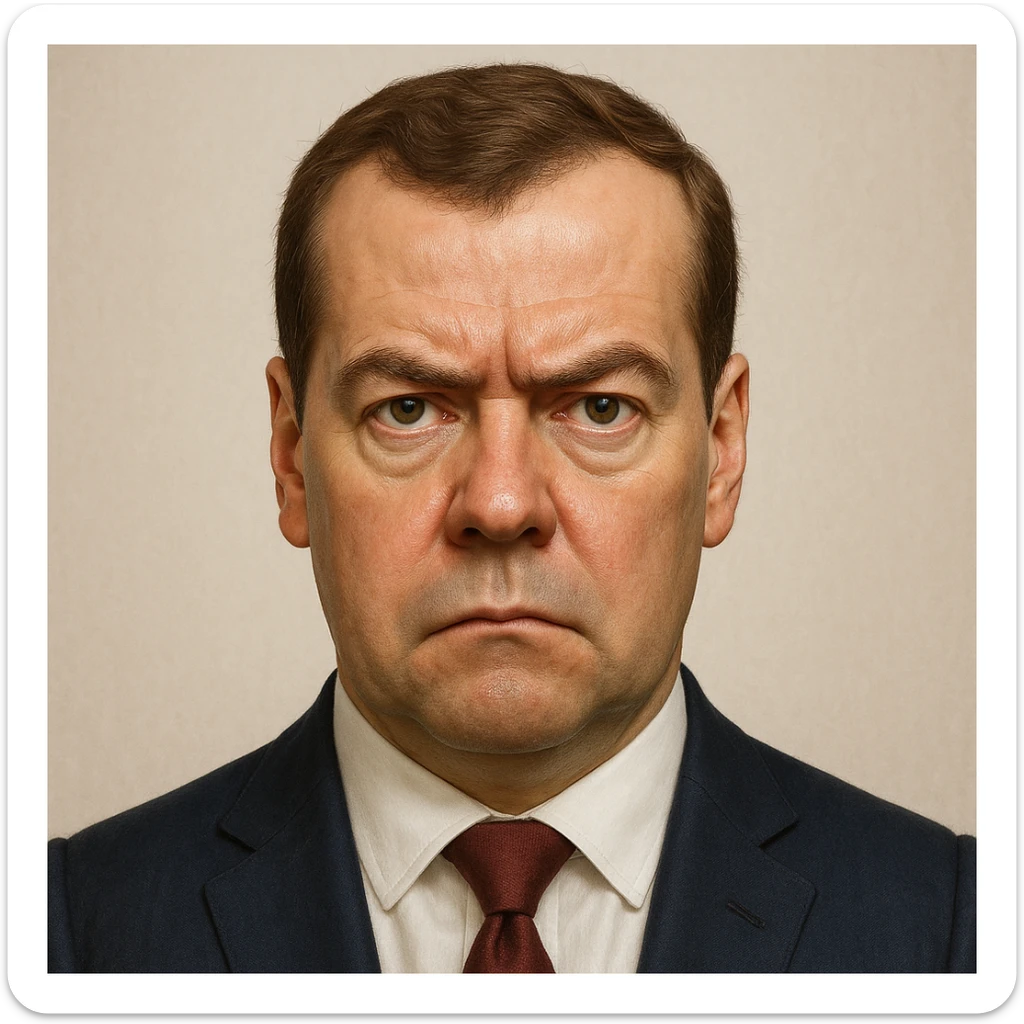 ultra-realistic, maximum detail portrait of Dmitry Medvedev with a stern expression and lifelike facial features in emoji style sticker