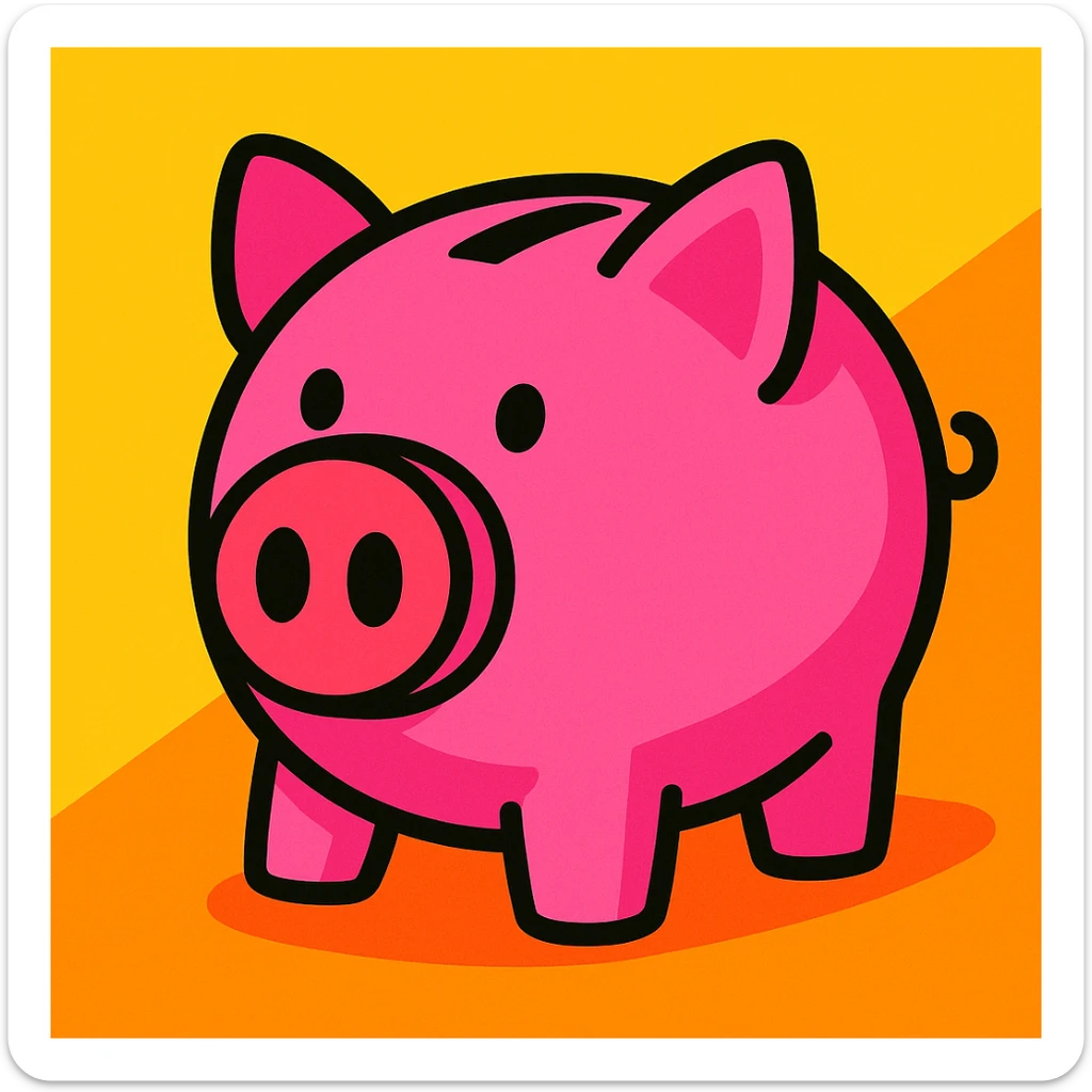 cute pink piggy bank with a round snout and a classic coin slot, bright highly saturated cartoon style sticker