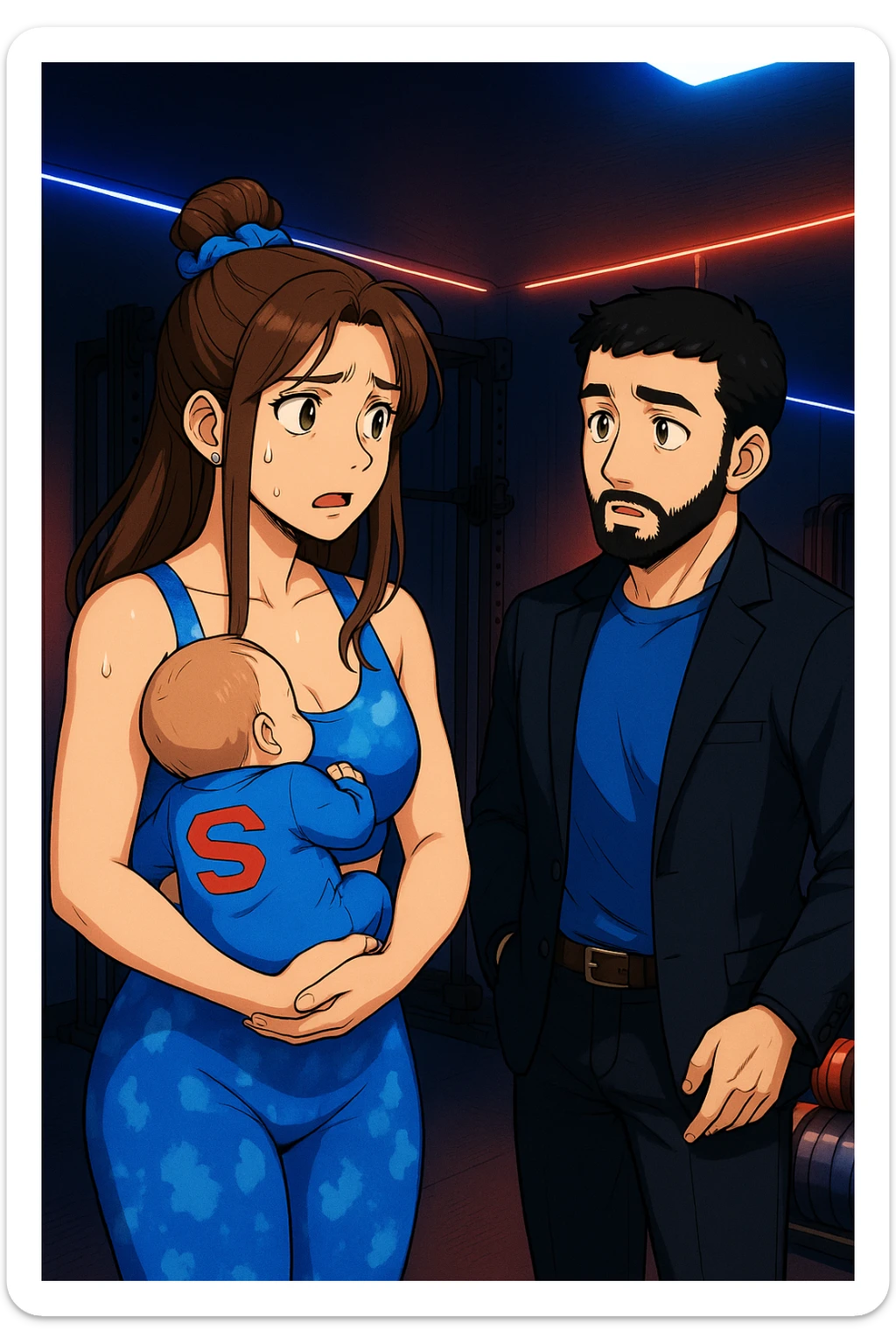 ispirati a questo stile di disegno e fai questa immagine in versione manga/webtoon a colori, il manga mostra la donna preoccupata con un neonato in braccio con una tutina azzurra e la scritta "S" sulla schiena, la donna gli sta facendo una domanda all'uomo, ma non fare i fumetti, fai come se stessero parlando sticker