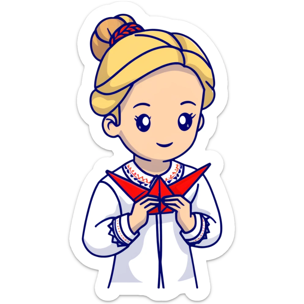 Ukrainian young girl with blonde braided hair wearing a white traditional embroidered shirt (vyshyvanka) holding a red origami paper crane in her hands sticker