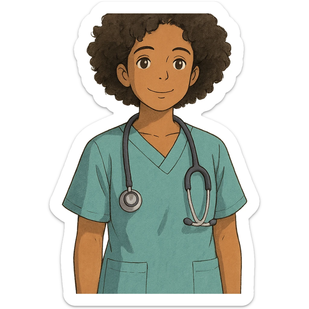 ghibli style afro latina nurse with gentle smile, curly hair, medical scrubs sticker