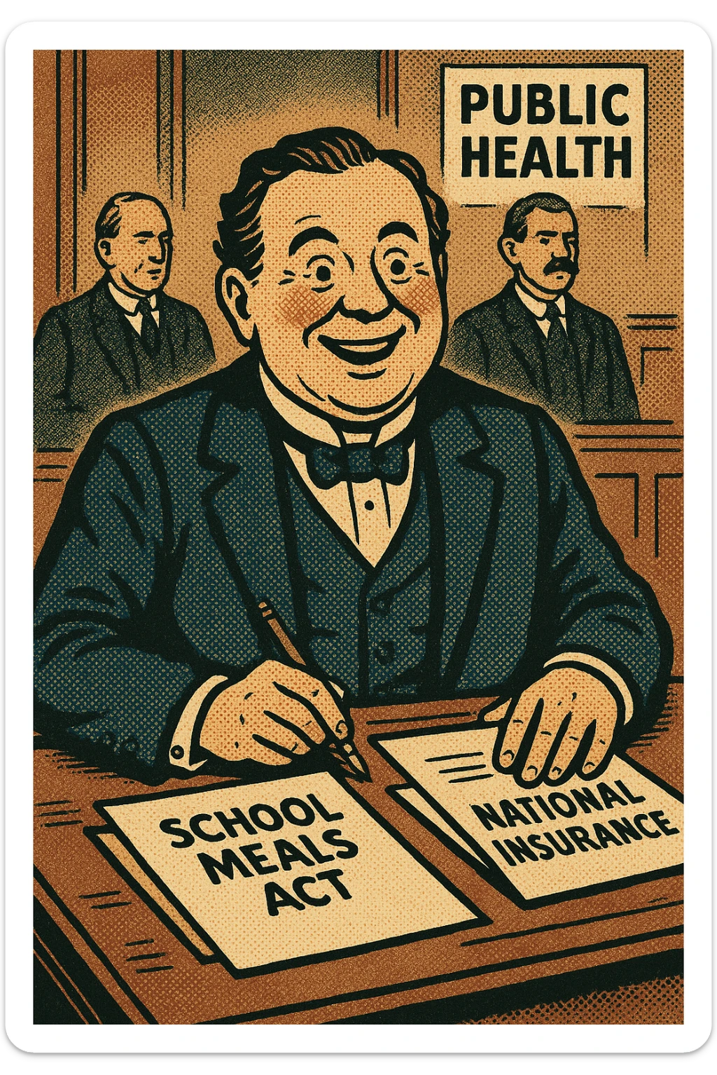 A happy Victorian politician from the early 1900s sitting at his desk.  On his desk are documents.  One document reads 'School Meals Act' and another document reads 'National Insurance'.  In the background of his office are other politicians with a poster on the wall reading 'Public Health' sticker