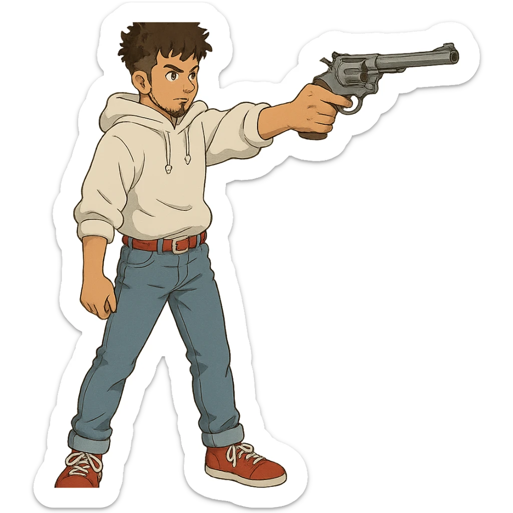 1 male, mid fade haircut dark chestnut brown curly hair, toasted lightskin, white hoodie sleeves up, fashion jeans, red fashion-sneakers shoes, red belt, short trimmed beard and goatee,  style of deku from "my hero academia", drawing a magnum revolver like dirty harry sticker