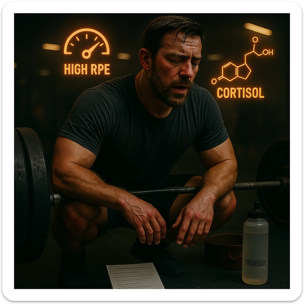 Add floating icons showing high RPE and cortisol above the head, in cinematic style and with the same palette. sticker