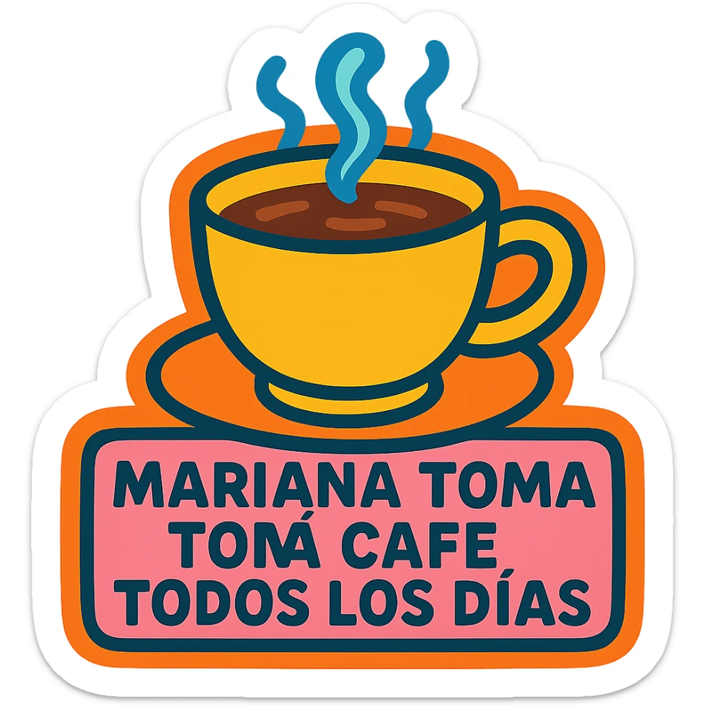 a vibrant sticker style illustration of a coffee cup with the phrase 'mariana toma café todos los días' with visible text sticker