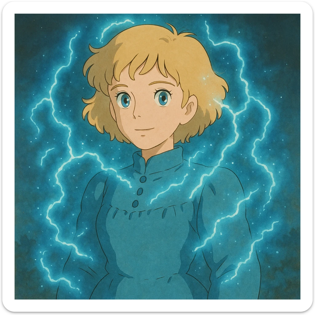 a woman with short curly blonde hair, blue eyes, blue electric aura, soft and magical, ghibli style sticker